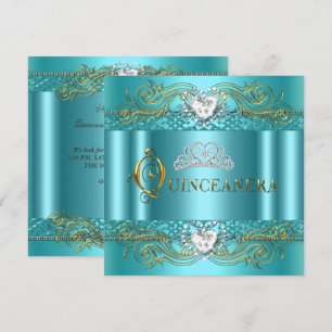 Teal Blue Silver Gold Quinceanera Birthday Party Invitation