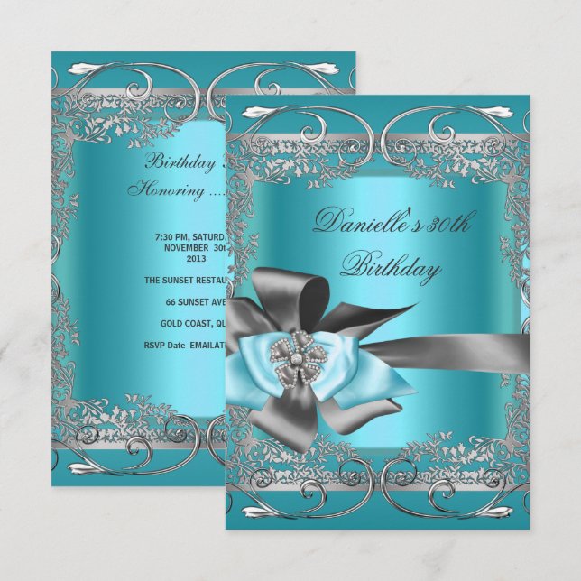 Teal Blue Silver Grey Birthday Party 30th Invitation (Front/Back)