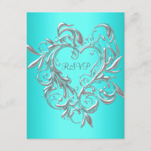 Teal Blue Silver Heart RSVP Response Card