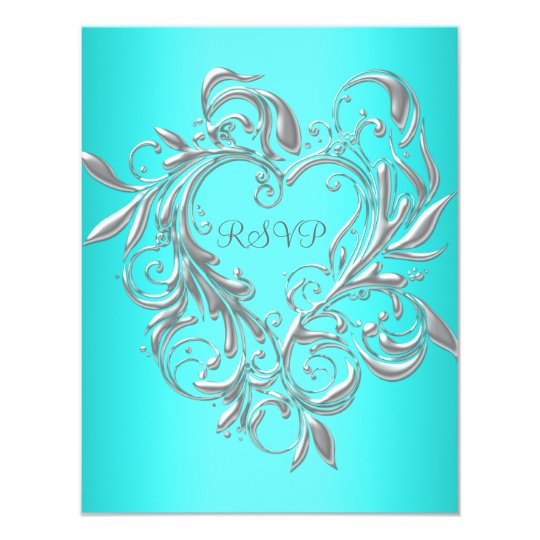Teal Blue Silver Heart RSVP Response Card