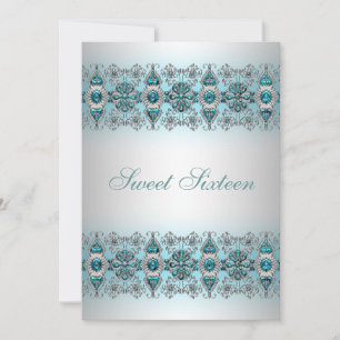 Teal Blue Silver Lace Sweet Sixteen Invitation