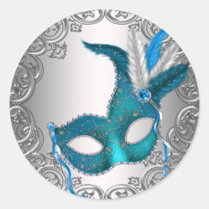 Teal Blue Silver Mask Masquerade Envelope Seal Fav