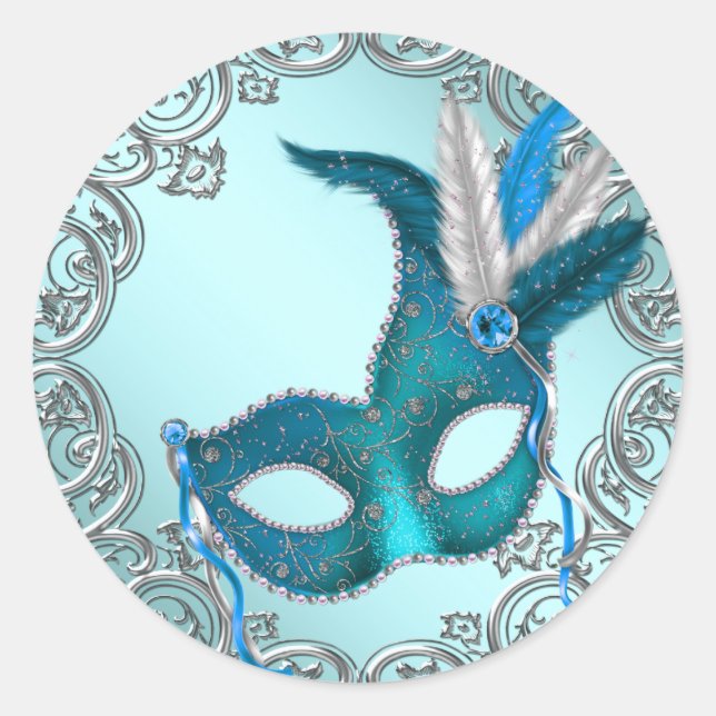 Teal Blue Silver Mask Masquerade Envelope Seal Fav (Front)