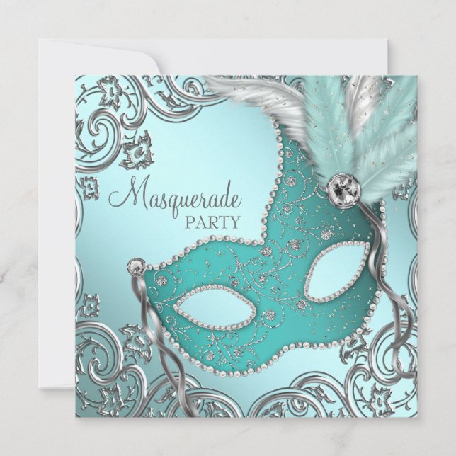Teal Blue Silver Mask Masquerade Party Invitation (Front)