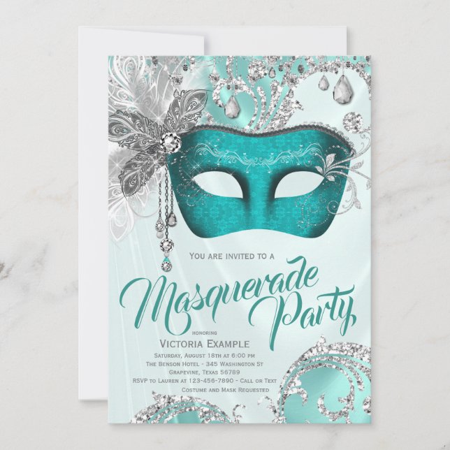 Teal Blue Silver Mask Masquerade Party Invitation (Front)