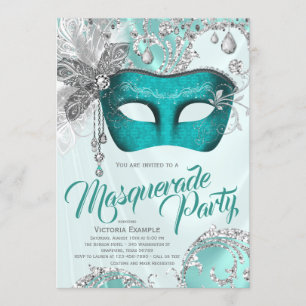 Teal Blue Silver Mask Masquerade Party Invitation