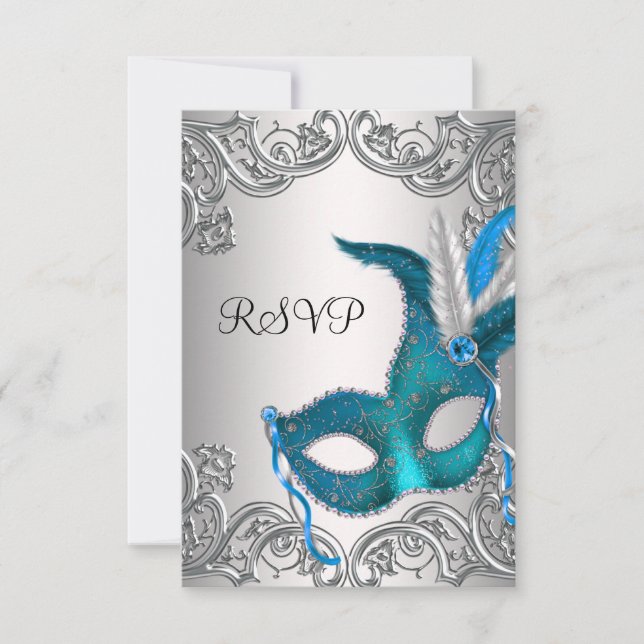 Teal Blue Silver Mask Masquerade Party RSVP Card (Front)