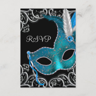 Teal Blue Silver Mask Masquerade Party RSVP Card