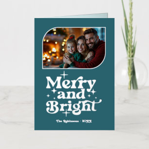 Teal Blue & Silver Merry & Bright Photo Christmas Foil Holiday Card