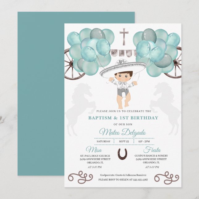 Teal Blue & Silver Mexican Baby Boy Charro Baptism Invitation (Front/Back)