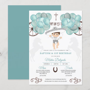 Teal Blue & Silver Mexican Baby Boy Charro Baptism Invitation