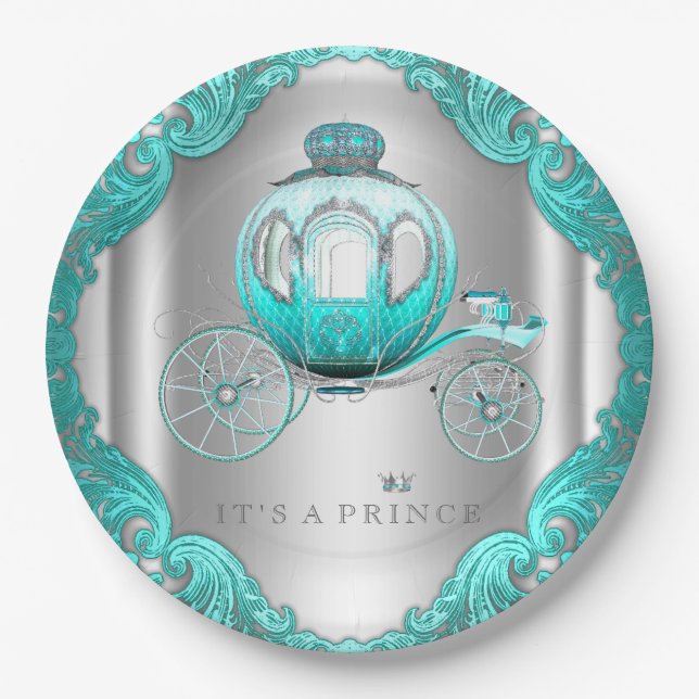 Teal Blue Silver Prince Baby Shower Paper Plate (Front)