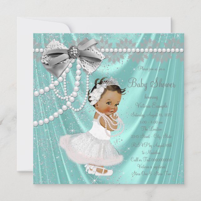 Teal Blue Silver Satin Pearl Ethnic Baby Shower Invitation (Front)