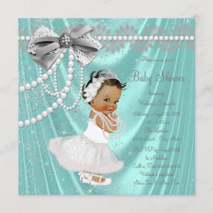 Teal Blue Silver Satin Pearl Ethnic Baby Shower Invitation