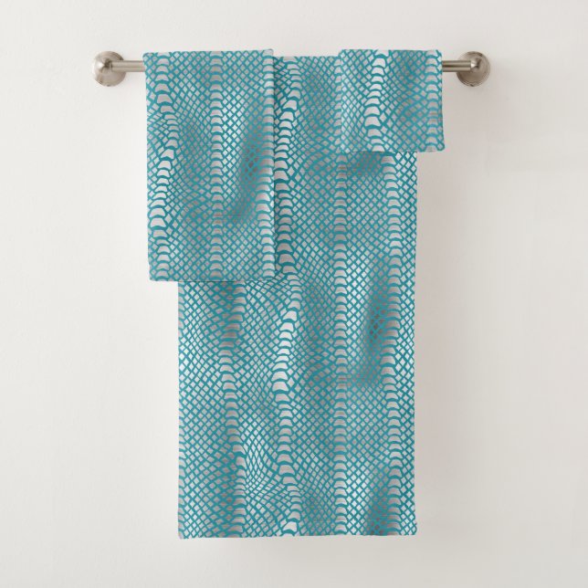 Teal Blue Silver Snake Print Bath Towel Set (Insitu)
