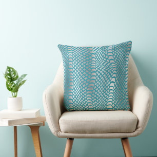 Teal Blue Silver Snake Print Cushion