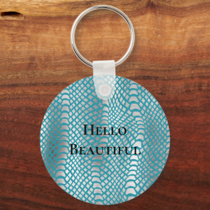 Teal Blue Silver Snake Print Key Ring