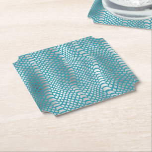 Teal Blue Silver Snake Print Paper Coaster
