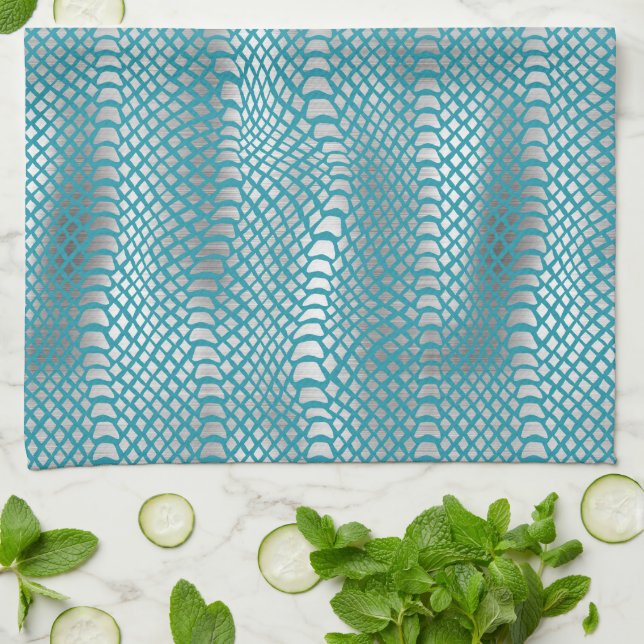 Teal Blue Silver Snake Print Tea Towel (Folded)