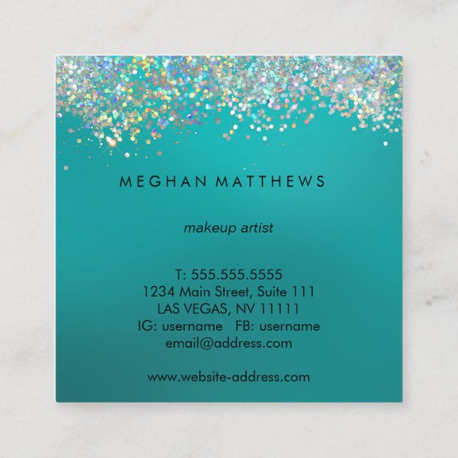 Teal Blue Silver Sparkle Beauty Stylist  Square Business Card (Back)
