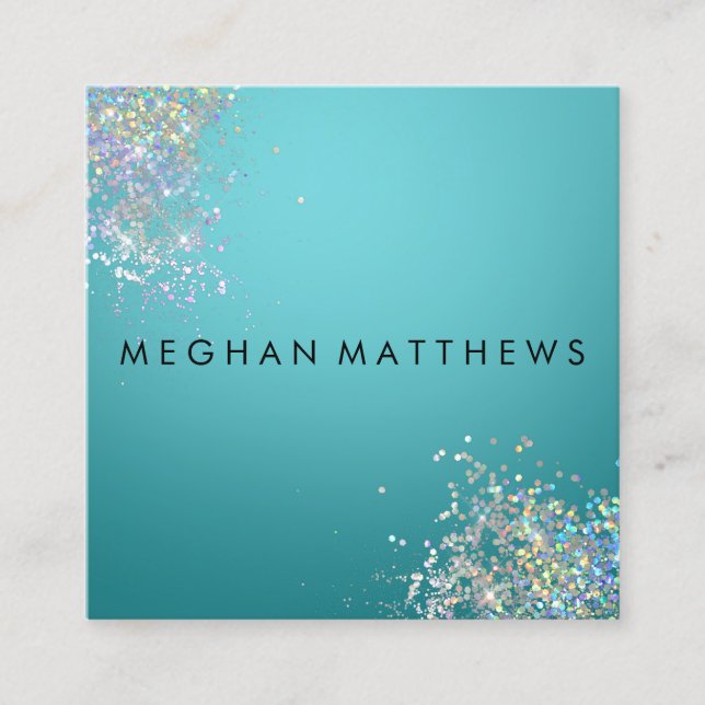 Teal Blue Silver Sparkles Beauty Square Business Card (Front)
