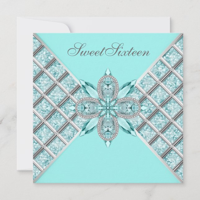 Teal Blue Silver Sweet Sixteen Birthday Party Invitation (Front)