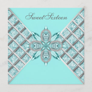 Teal Blue Silver Sweet Sixteen Birthday Party Invitation
