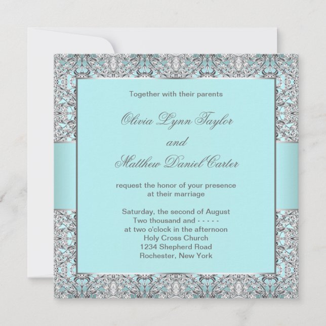 Teal Blue Silver Wedding Invitation (Front)