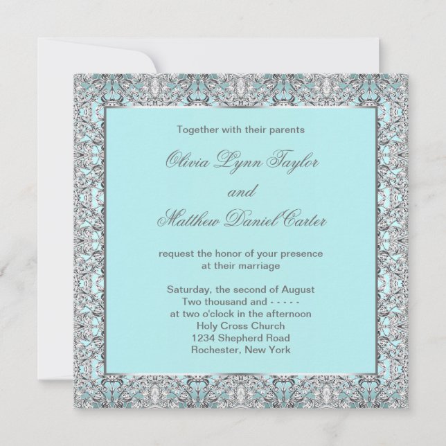 Teal Blue Silver Wedding Invitation (Front)