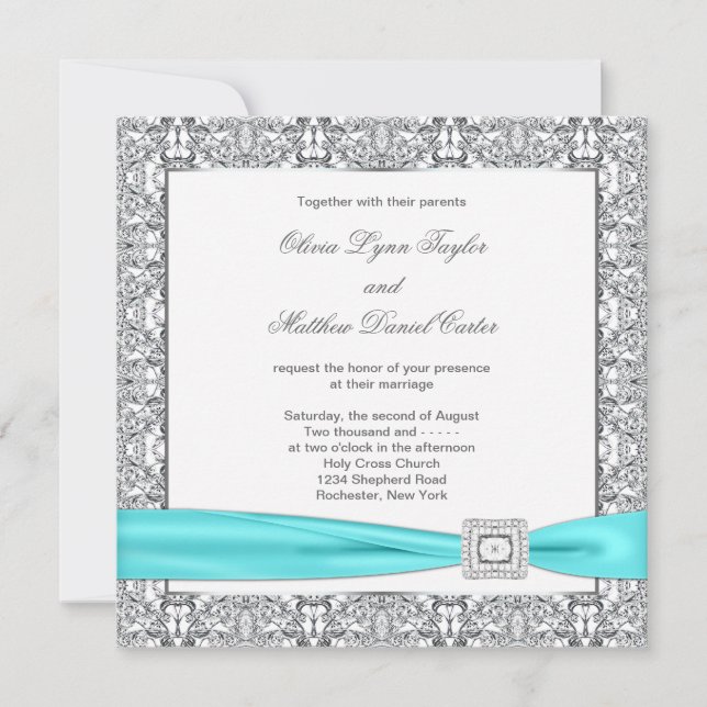 Teal Blue Silver Wedding Invitation Templates (Front)