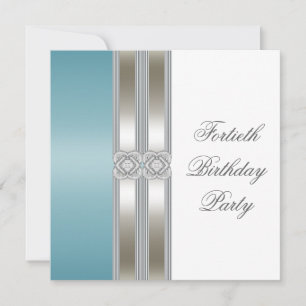 Teal Blue Silver White Classy 40th Birthday Party Invitation