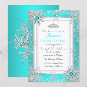 Teal Blue Silver Winter Wonderland Sweet 16 Party Invitation