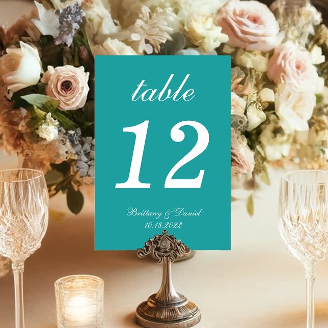 Teal Blue Simple White Script Calligraphy Wedding  Table Number (Creator Uploaded)