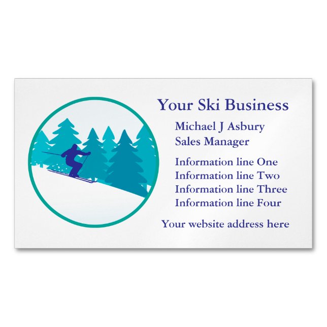 Teal Blue Snow Ski Logo Magnetic Business Card (Front)