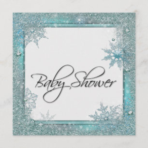 Teal Blue Snowflake Baby Shower Invitation