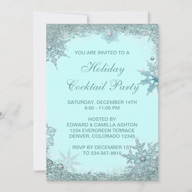 Teal Blue Snowflake Christmas Party Invitation (Front)