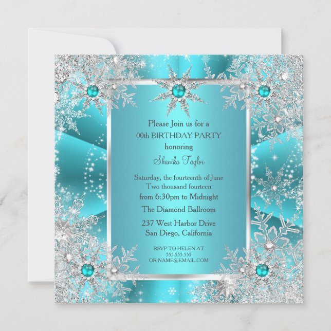 Teal Blue Snowflake Silver Winter Wonderland 2 Invitation (Front)