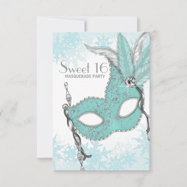 Teal Blue Snowflake Sweet 16 Masquerade Party Invitation (Front)