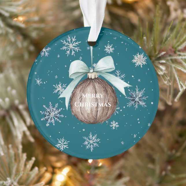 Teal Blue Snowflakes Christmas Coconut Bow Ornament (Tree)