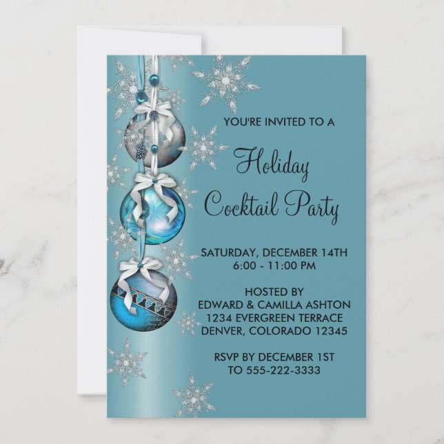 Teal Blue Snowflakes Ornaments Christmas Party Invitation (Front)