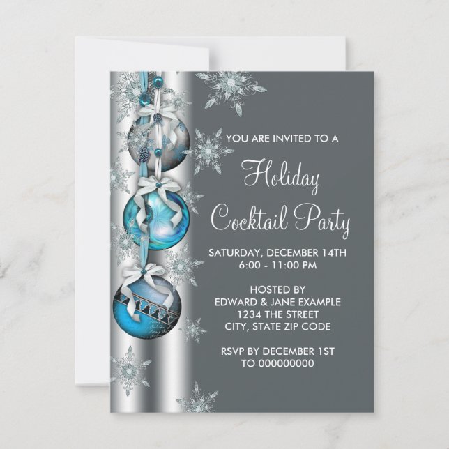 Teal Blue Snowflakes Ornaments Christmas Party Invitation (Front)