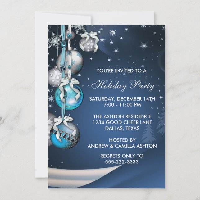 Teal Blue Snowflakes Ornaments Christmas Party Invitation (Front)