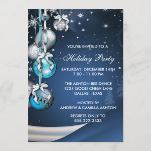 Teal Blue Snowflakes Ornaments Christmas Party Invitation