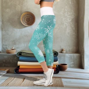 Teal Blue Snowflakes Pattern Soft Winter Frost Capri Leggings