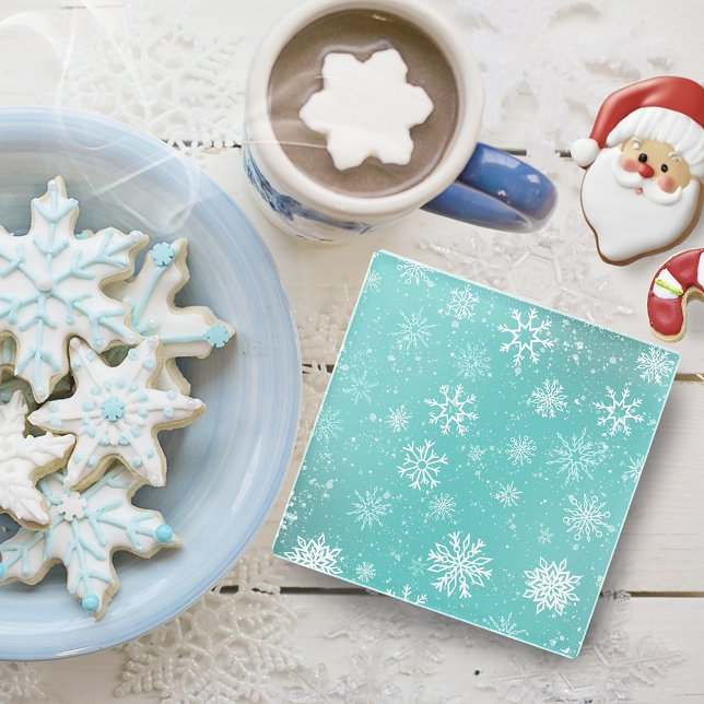 Teal Blue Snowflakes Pattern Soft Winter Frost Glass Coaster (Creator Uploaded)