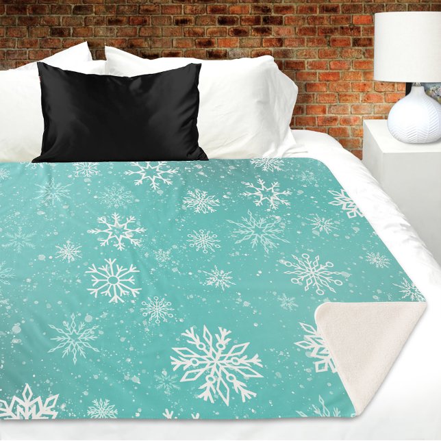 Teal Blue Snowflakes Pattern Soft Winter Frost Sherpa Blanket (Creator Uploaded)