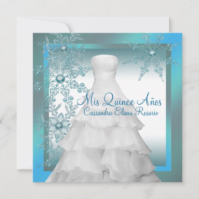 Teal Blue Snowflakes Winter Wonderland Quinceanera Invitation (Front)