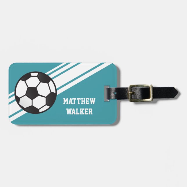 Teal Blue Soccer Stripes Personalised Luggage Tag (Front Horizontal)