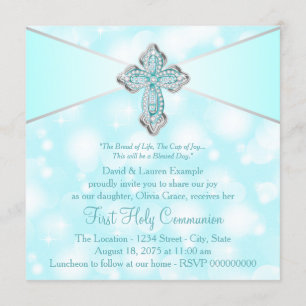 Teal Blue Sparkle First Holy Communion Invitation