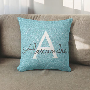 Teal Blue Sparkle Glitter Monogram Name & Initial Cushion